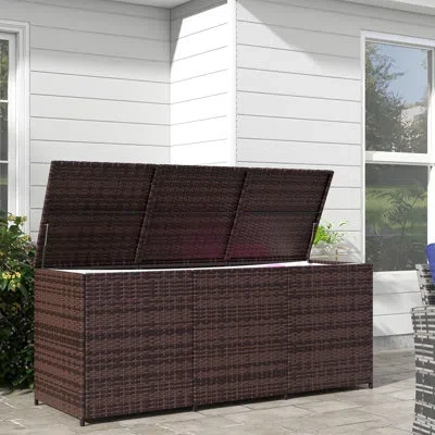 Outsunny 175 Gallon Outdoor Storage Box With Inner Liner, Pe Rattan Wicker Deck Box With Pneumatic Bar Lift F In Mixed Brown
