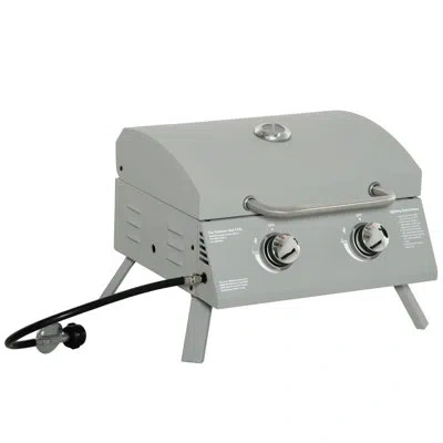 Outsunny 2 Burner Propane Gas Grill Outdoor Portable Tabletop Bbq With Foldable Legs, Lid, Thermometer For Ca In Black