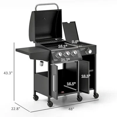 Outsunny 3 Burner Gas Grill With Side Burner, Propane Bbq Grill With Shelves, 37,000 Btu Output, 310 Sq. In.  In Stainless Steel