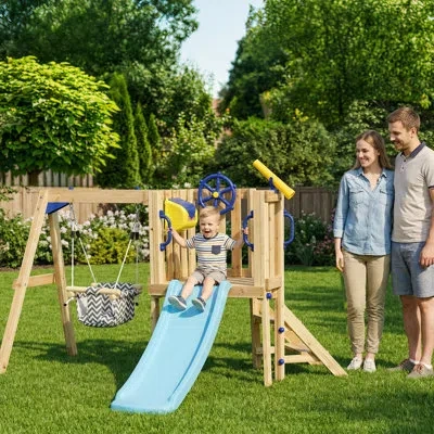 Outsunny 3 In 1 Wooden Swing Set In Natural Wood