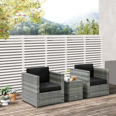 Outsunny 3 Pieces Wicker Outdoor Bistro Set, Rattan Patio Furniture Set With Glass Coffee Table, Porch Chairs In Gray