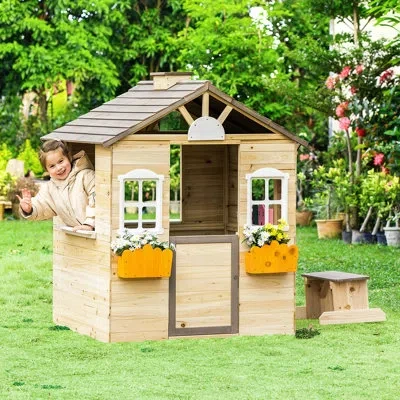 Outsunny 3' W X 3' D Outdoor Wood Playhouse In Brown