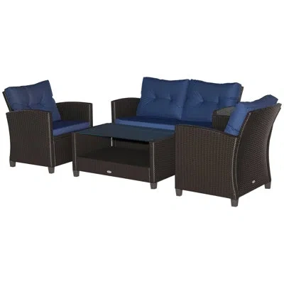 Outsunny 4-piece Patio Furniture Set, Rattan Wicker Chair W/ Table, Outdoor Conversation Set With Cushion For In Black