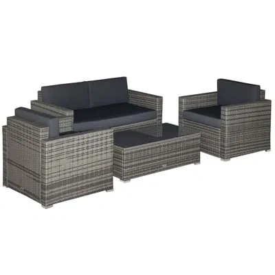 Outsunny 4-piece Rattan Wicker Furniture Set, Outdoor Cushioned Conversation Furniture With 2 Chairs, Lovesea In Gray