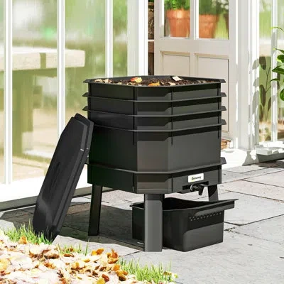 Outsunny 4-tray Worm Composter Bin, 7.4 Gal Outdoor & Indoor Worm Composter, Farm Starter Kits For Vermicompo In Black