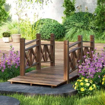 Outsunny 5 Ft. Wooden Garden Bridge With Safety Rails, Backyard Bridge Footbridge For Ponds, Creeks, Streams In Nature Wood