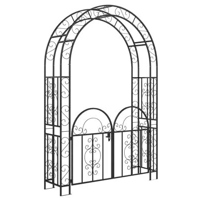 Outsunny 7.4ft Steel Garden Arch With Gate, Garden Arbor Trellis, Black