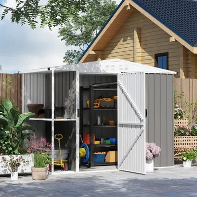 Outsunny 8 X 4ft Outdoor Storage Shed, Metal Garden Shed With 2-tier Storage Rack, Air Vents And Lockable Doo In Warm Gray