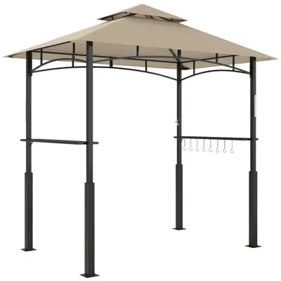 Outsunny 8' X 5' Grill Gazebo, Double Tiered Outdoor Bbq Gazebo With Led Light, 2 Side Shelves, Hooks And Bot In Khaki