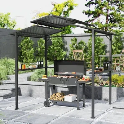 Outsunny 8' X 5' Hardtop Grill Gazebo, Outdoor Bbq Gazebo With Double Metal Roof, 2 Side Shelves And 4 Cup Ho In Brown