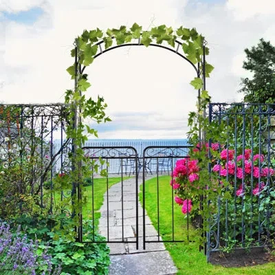 Outsunny 84" Garden Arch Arbor With Gate, Metal Arch Trellis, Garden Archway For Climbing Vines, Wedding Cere In Black