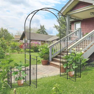 Outsunny 86" Garden Arch Arbor, Metal Arch Trellis With Gate And Planter Baskets, Garden Archway For Climbing In Black