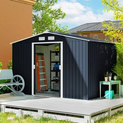 Outsunny 9' X 6' Outdoor Storage Shed, Garden Tool Metal Shed With Foundation Kit, Double Lockable Door, Air  In Dark Gray