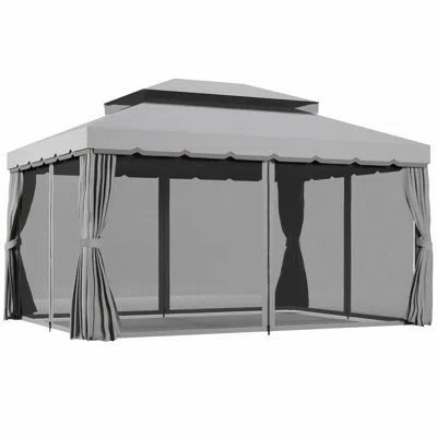 Outsunny 9.5' X 12.8'patio Gazebo, Outdoor Gazebo Canopy Shelter With Netting And Curtains, Aluminum Frame Fo In Light Grey
