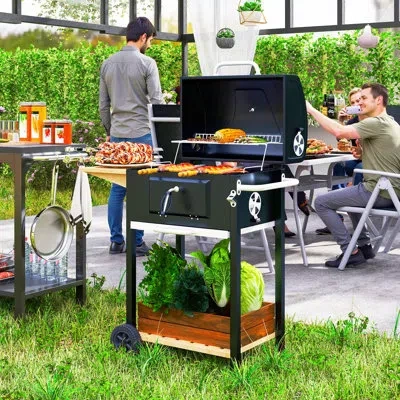 Outsunny Charcoal Bbq Grill, Outdoor Portable Cooker For Camping Or Backyard Picnic, Barbecue Grill With Side In Stainless Steel