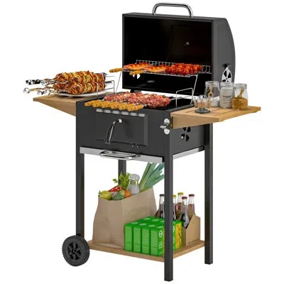 Outsunny Charcoal Bbq Grill With 245 Sq.in. Cooking Area, Outdoor Barbecue Grill With Adjustable Charcoal Pan In Black