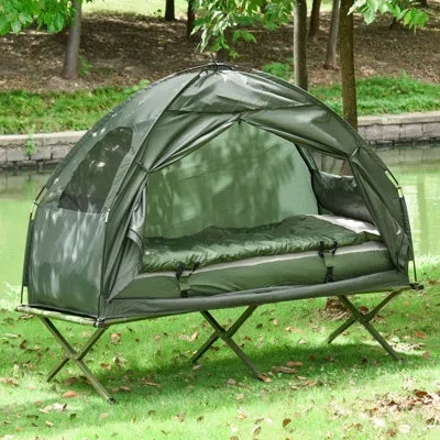 Outsunny Deluxe  Multifunctional Folding Camping Cots For Adults, Elevated Tent With Sleeping Bag, Th In Green