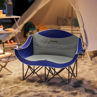 Outsunny Double Camping Chair For Adults, Padded Folding Camp Chair For 2 Person With Armrest, Wine Glass Hol In Blue