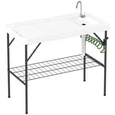 Outsunny Folding Fish Cleaning Table With Sink, Portable Camping Sink Table With Faucet, Drainage Hose, Spray In White