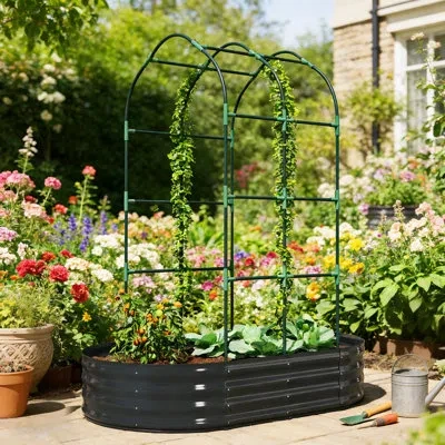 Outsunny Galvanised Raised Garden Bed With Arched Trellis, 5 X 3 X 6ft Metal Outdoor Planter Box With Open Bo