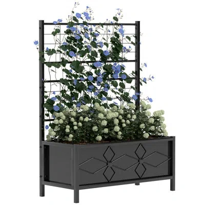 Outsunny Galvanized Raised Garden Bed With Trellis, Outdoor Planter Box For Climbing Vines Vegetables Flowers In Black