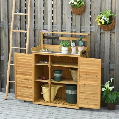 Outsunny Garden Potting Bench Table Wooden Workstation Shed With Tabletop, Hooks, 3-tier Shelves Cabinet And  In Brown
