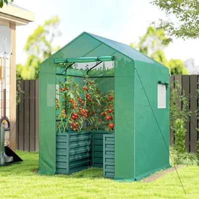 Outsunny Greenhouse With Raised Garden Bed, 56" X 56" X 75" Galvanized Steel Planter Box With Pe Cover, Roll 