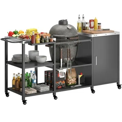 Outsunny Grill Table For Big Green Egg Grill, Heavy Duty Metal Bbq Prep Table With Stainless Steel Top, Stora In Black