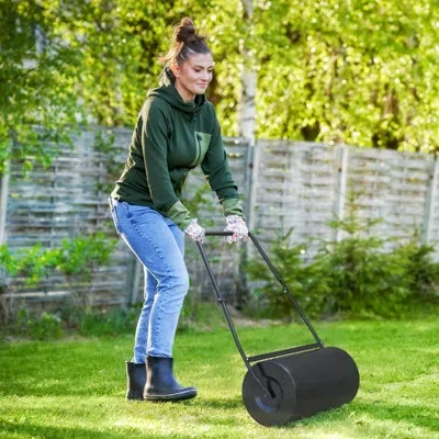 Outsunny Heavy Duty Push Tow Lawn Roller In Black