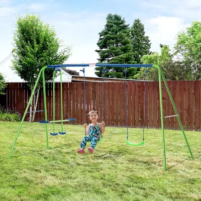 Outsunny Kid's Adjustable Swing Set In Blue,green
