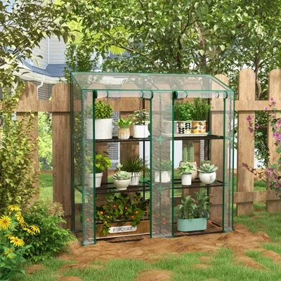 Outsunny Lean-to Greenhouse With 3 Tier Shelves, 56.3" X 18.1" X 59.4" Portable Small Greenhouse With 2 Roll-