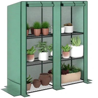 Outsunny Lean-to Mini Greenhouse With 3 Tier Shelves, Roll-up Doors, Green