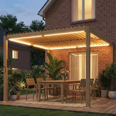 Outsunny Louvered Pergola With Solar Led Lights, 10' X 10' Outdoor Pergola Metal Patio Hardtop Gazebo With Ad In Bronze