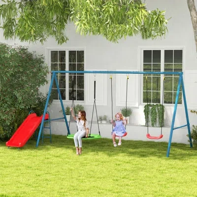 Outsunny Metal Swing Set For Backyard, 3 In 1 Design, Holds Up To 352 Lbs. In Blue,red,green