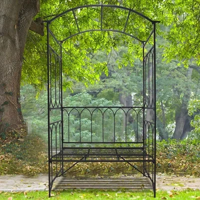 Outsunny Metal Trellis Arbor Arch For Climbing Plants With Garden Bench, Grow Grapes & Vines, Patio Decor & 2 In Black