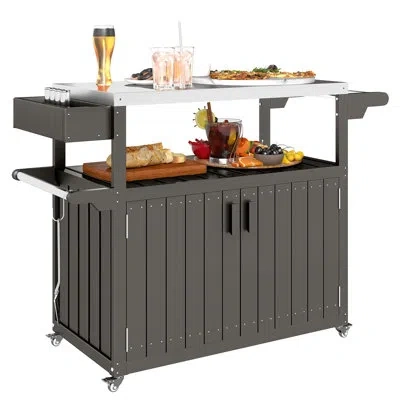 Outsunny Outdoor Bar Cart With Storage Cabinet, Stainless Steel Top Kitchen Island On Wheels, Hdpe Outdoor Ba