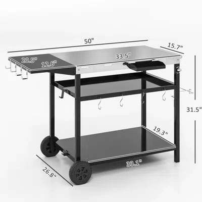 Outsunny Outdoor Grill Cart With Stainless Steel Tabletop, Three-shelf Movable Grill Table With Wheels, Outdo