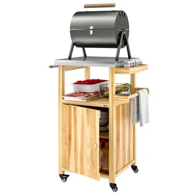 Outsunny Outdoor Grill Cart With Wheels, Storage Cabinet, Solid Wood Outdoor Kitchen Island With Stainless St In Natural Wood