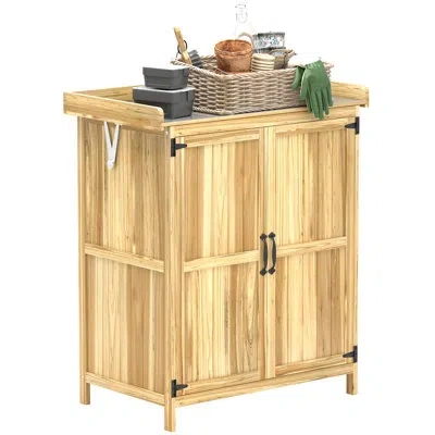 Outsunny Outdoor Storage Cabinet, Garden Tool Shed With Metal Tabletop And Shelf, Wooden Potting Bench With 2 In Brown