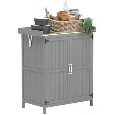 Outsunny Outdoor Storage Cabinet, Garden Tool Shed With Metal Tabletop And Shelf, Wooden Potting Bench With 2 In Gray