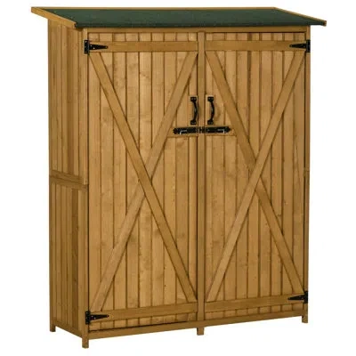 Outsunny Outdoor Storage Cabinet Wooden Garden Shed Utility Tool Organizer With Waterproof Asphalt Rood, Lock In Brown