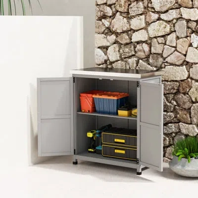 Outsunny Outdoor Storage Cabinet, Wooden Tool Storage Box With Metal Tabletop And Shelf, Potting Bench Table  In Gray