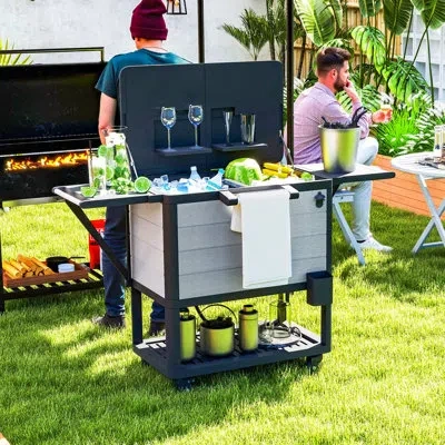 Outsunny Patio Cooler Cart, 104 Quart Large Capacity Rolling Ice Chest With Bottle Opener And Shelves, Outdoo In Gray