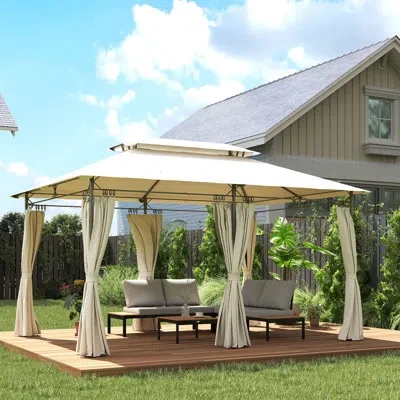 Outsunny Patio Gazebo, Double Roof Outdoor Gazebo Canopy Shelter With Curtains, Solid Metal Frame For Garden, In Cream