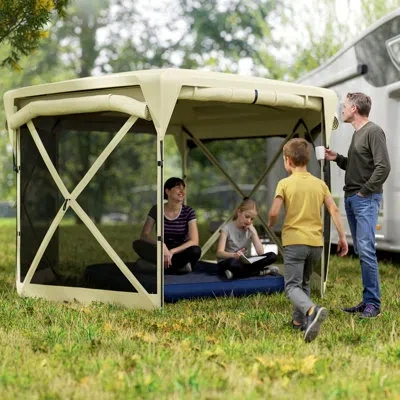 Outsunny Pop Up Gazebo Screen Tent House, 11 X 11ft With Upf30+ Removable Roof Cover, 4 Roll-up Wind Panels A In Beige