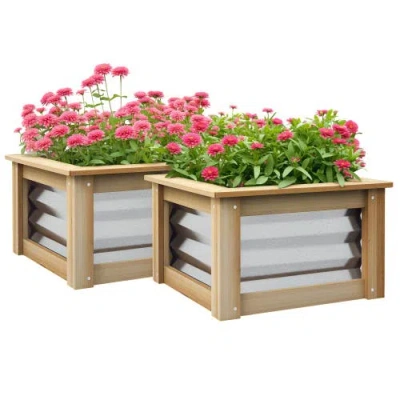 Outsunny Raised Set Of, Stock Tanks For Growing Flowers, Metal Reinforced With Wood, Planters For Pl In Multi