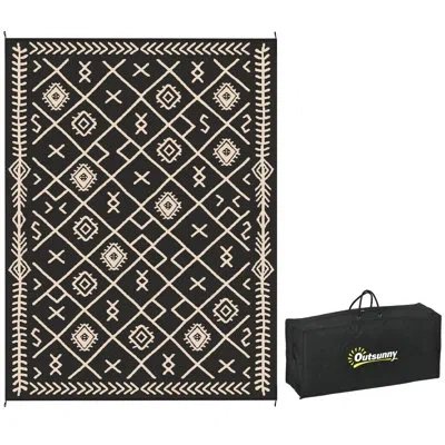 Outsunny Reversible Outdoor Rug, 9' X 12' Waterproof Plastic Straw Floor Mat, Portable Rv Camping Carpet, Lar In Black And Beige Rhombus