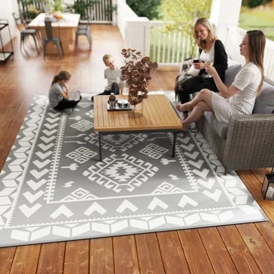 Outsunny Reversible Outdoor Rug, 9' X 12' Waterproof Plastic Straw Floor Mat, Portable Rv Camping Carpet, Lar In Gray And White Rhombus Patchwork