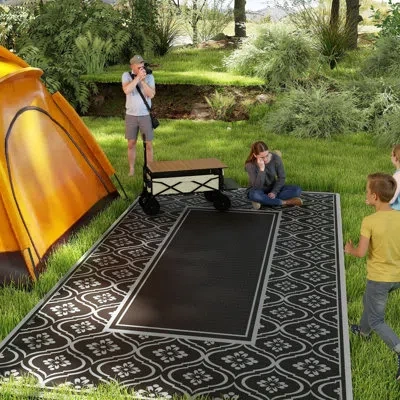 Outsunny Reversible Outdoor Rug, 9' X 18' Waterproof Plastic Straw Floor Mat, Portable Rv Camping Carpet, Lar In Black And Gray Gourd Border