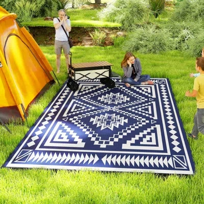 Outsunny Reversible Outdoor Rug, 9' X 18' Waterproof Plastic Straw Floor Mat, Portable Rv Camping Carpet, Lar In Blue And White Square Patchwork